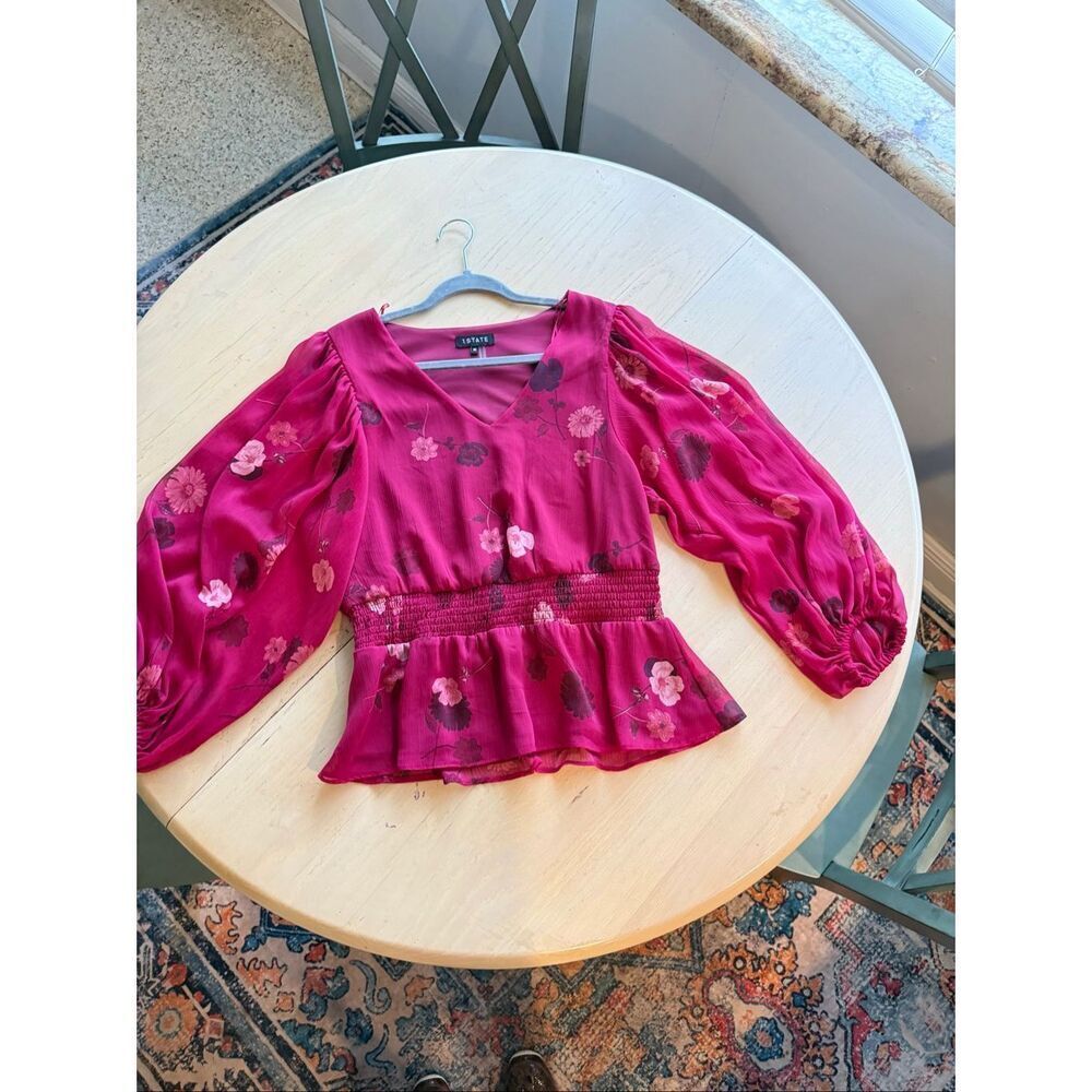 1.STATE Pink Floral Chiffon Peplum Blouse Smocked Waist V-Neck Size M - Picture 3 of 12